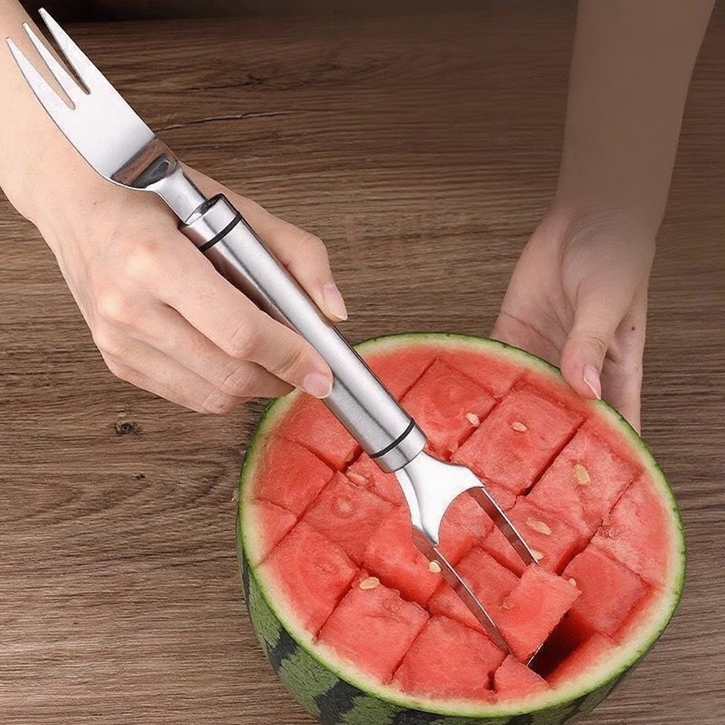 2-in-1 Watermelon Slicer & Fork β Stainless Steel Fruit Cutter Tool for Watermelon, Portable for Camping, Picnics, Home, Parties β Effortless Cubes & No Mess