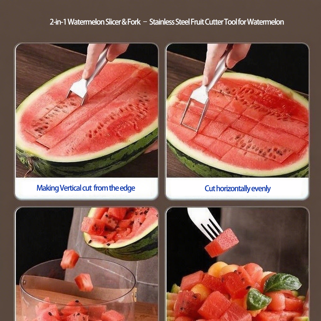 2-in-1 Watermelon Slicer & Fork β Stainless Steel Fruit Cutter Tool for Watermelon, Portable for Camping, Picnics, Home, Parties β Effortless Cubes & No Mess