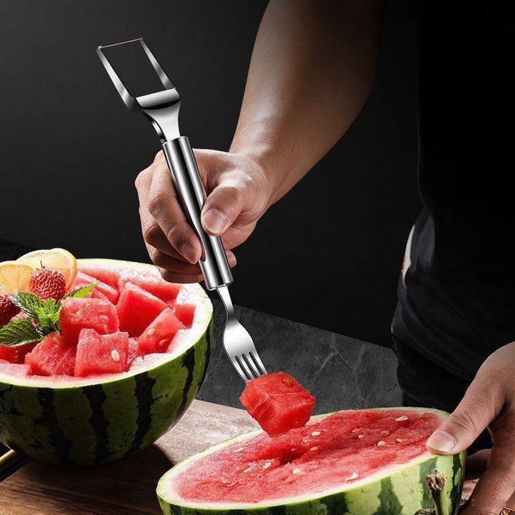 2-in-1 Watermelon Slicer & Fork β Stainless Steel Fruit Cutter Tool for Watermelon, Portable for Camping, Picnics, Home, Parties β Effortless Cubes & No Mess