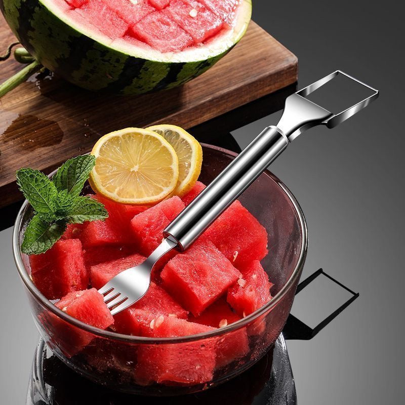 2-in-1 Watermelon Slicer & Fork β Stainless Steel Fruit Cutter Tool for Watermelon, Portable for Camping, Picnics, Home, Parties β Effortless Cubes & No Mess